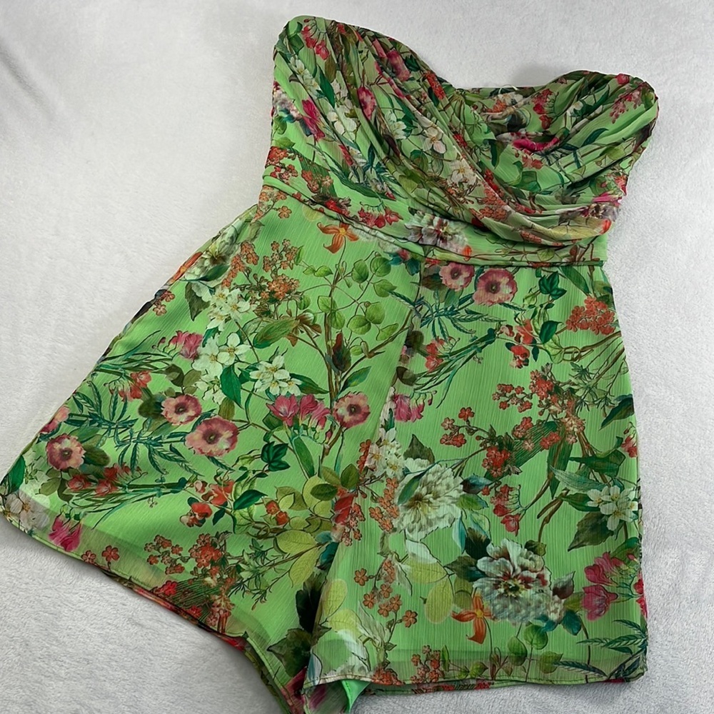 Jay Godfrey 4 Lydia Romper Light Green Floral Strapless